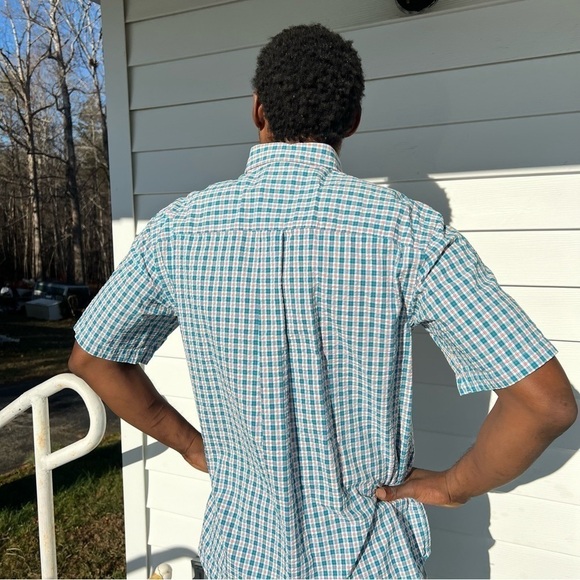LL Bean Blue White Plaid Short Sleeve Shirt | Casual Cotton Shirt | Summer Shirt - Picture 4 of 11